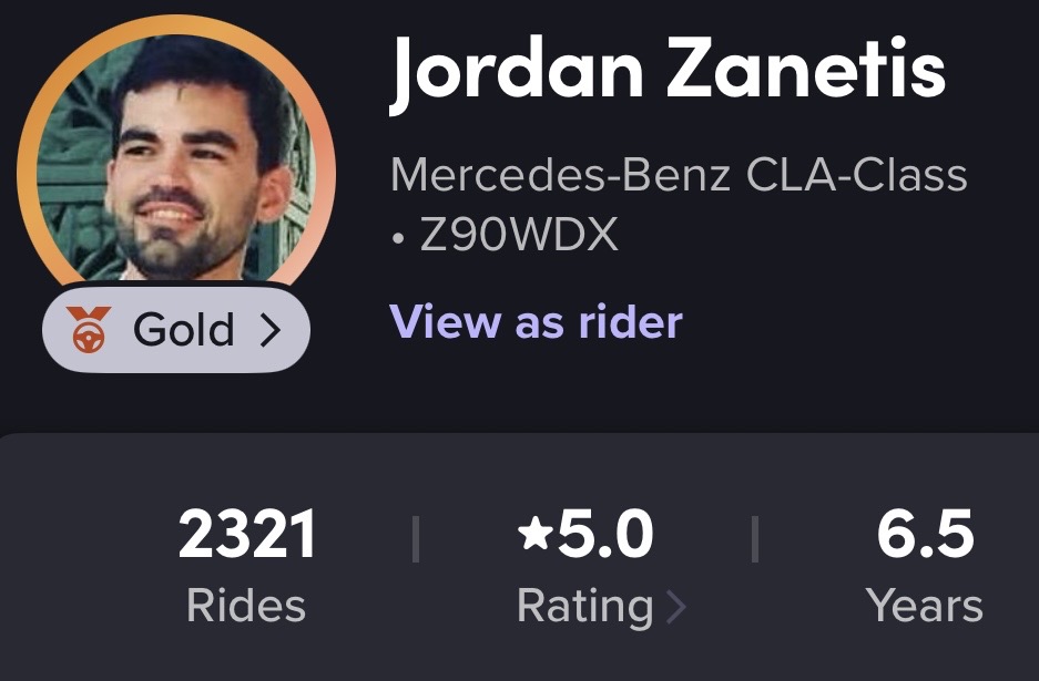 Jordan Zanetis - Uber Gold Driver with 2321 rides and 5.0 rating